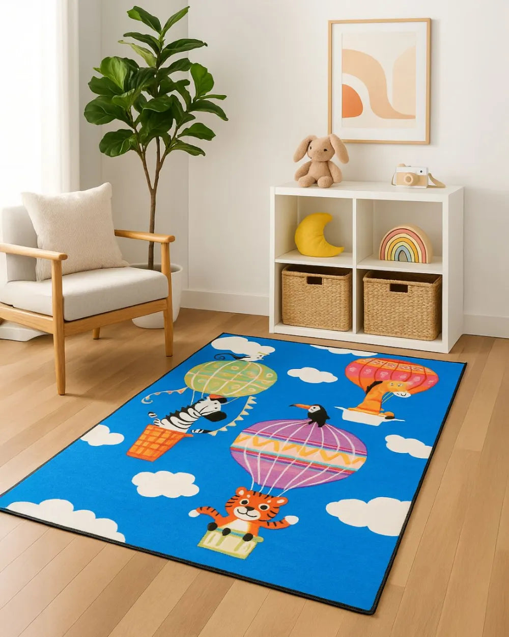 Blue With Multi Color Hot Air Baloon & Animals Drawing Print Rug