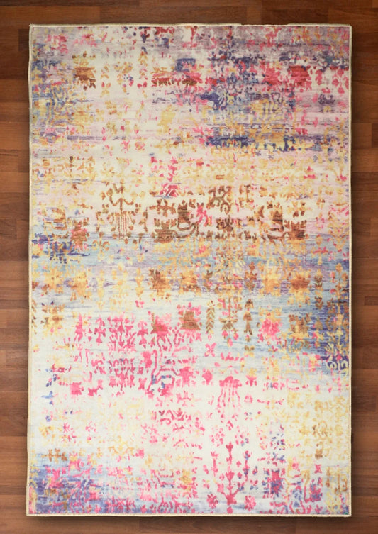Blue Pink Distressed Pattern Abstract Print Rug