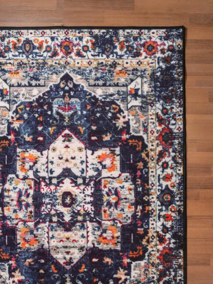 Dark Blue Multicolor Medallion Print Rug