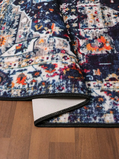 Dark Blue Multicolor Medallion Print Rug
