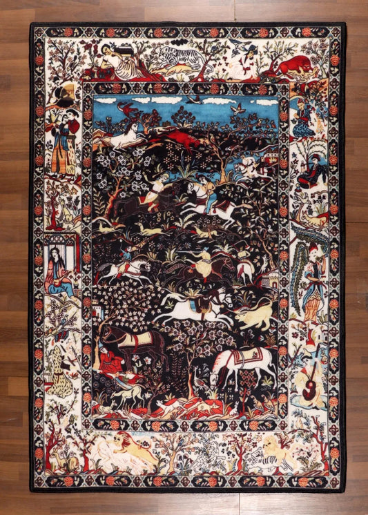 Vintage-Inspired Hunting Scene Rug – Black & Multicolor with TPR Backing