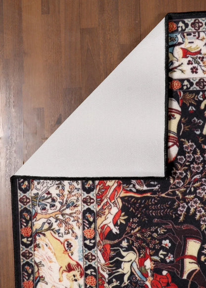 Vintage-Inspired Hunting Scene Rug – Black & Multicolor with TPR Backi ...