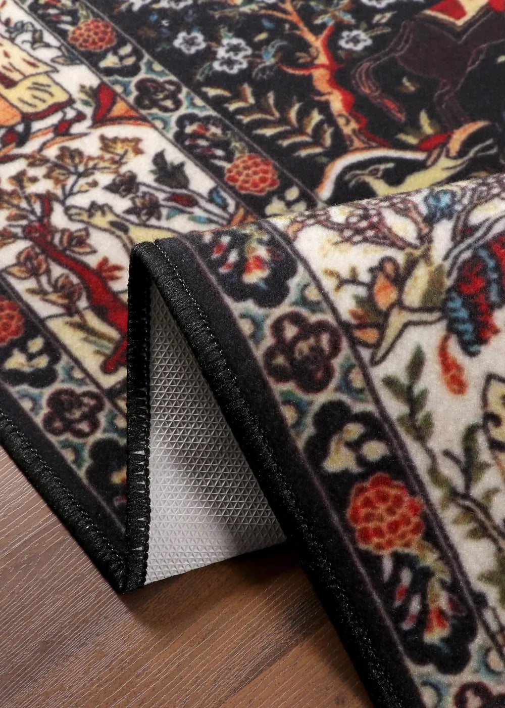 Vintage-Inspired Hunting Scene Rug – Black & Multicolor with TPR Backi ...