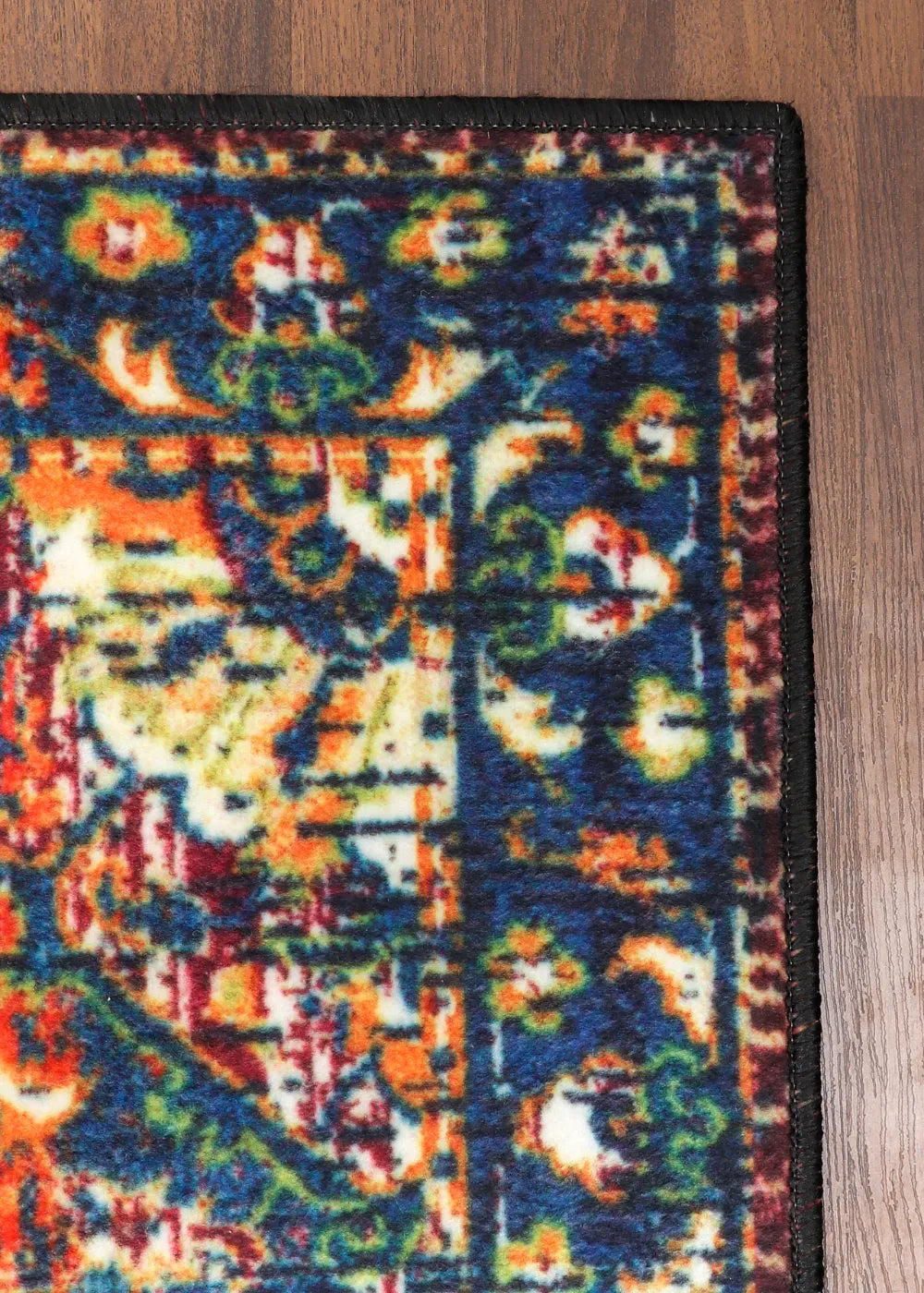 Vibrant Blue and Orange Oriental Rug –TPR Non-Slip Backing