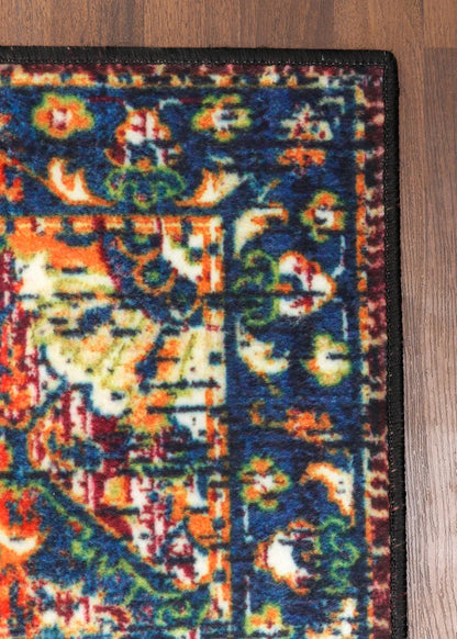 Vibrant Blue and Orange Oriental Rug –TPR Non-Slip Backing