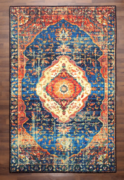Vibrant Blue and Orange Oriental Rug –TPR Non-Slip Backing