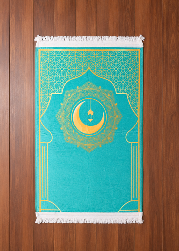 Golden Crescent Arch Velvet Prayer Mat - Turquoise