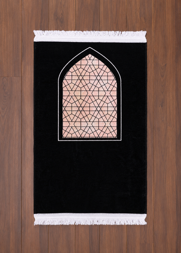 Geometric Arch Premium Velvet Jainamaz – Black & Peach