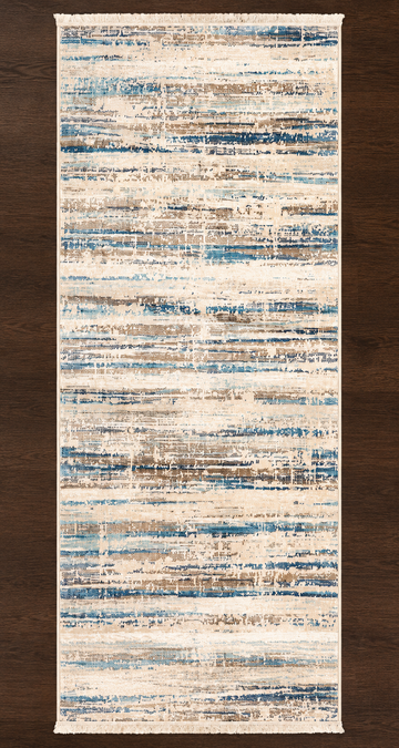 Textured Ivory & Blue Turkish Floor Runner Rug
