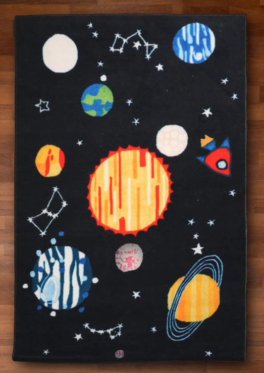 Black Multi Color Space Drawing Print Rug