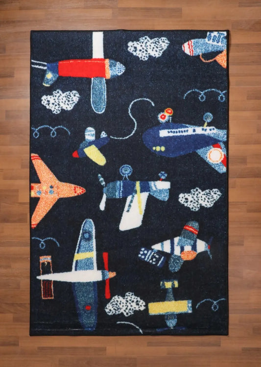 Dark Blue Multi Color Airplanes Print Rug
