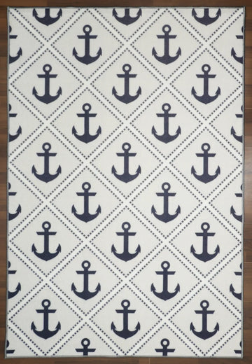 Grey With Blue Anchor & White Criss Cross Print Rug