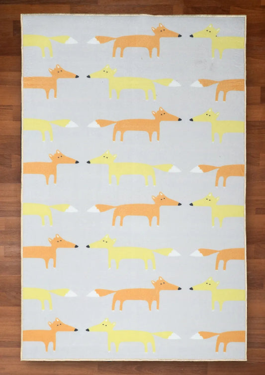 Blue Grey Multi Color Fox Print Rug