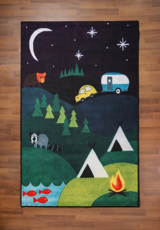 Multi Color Night Scenery Drawing Print Rug