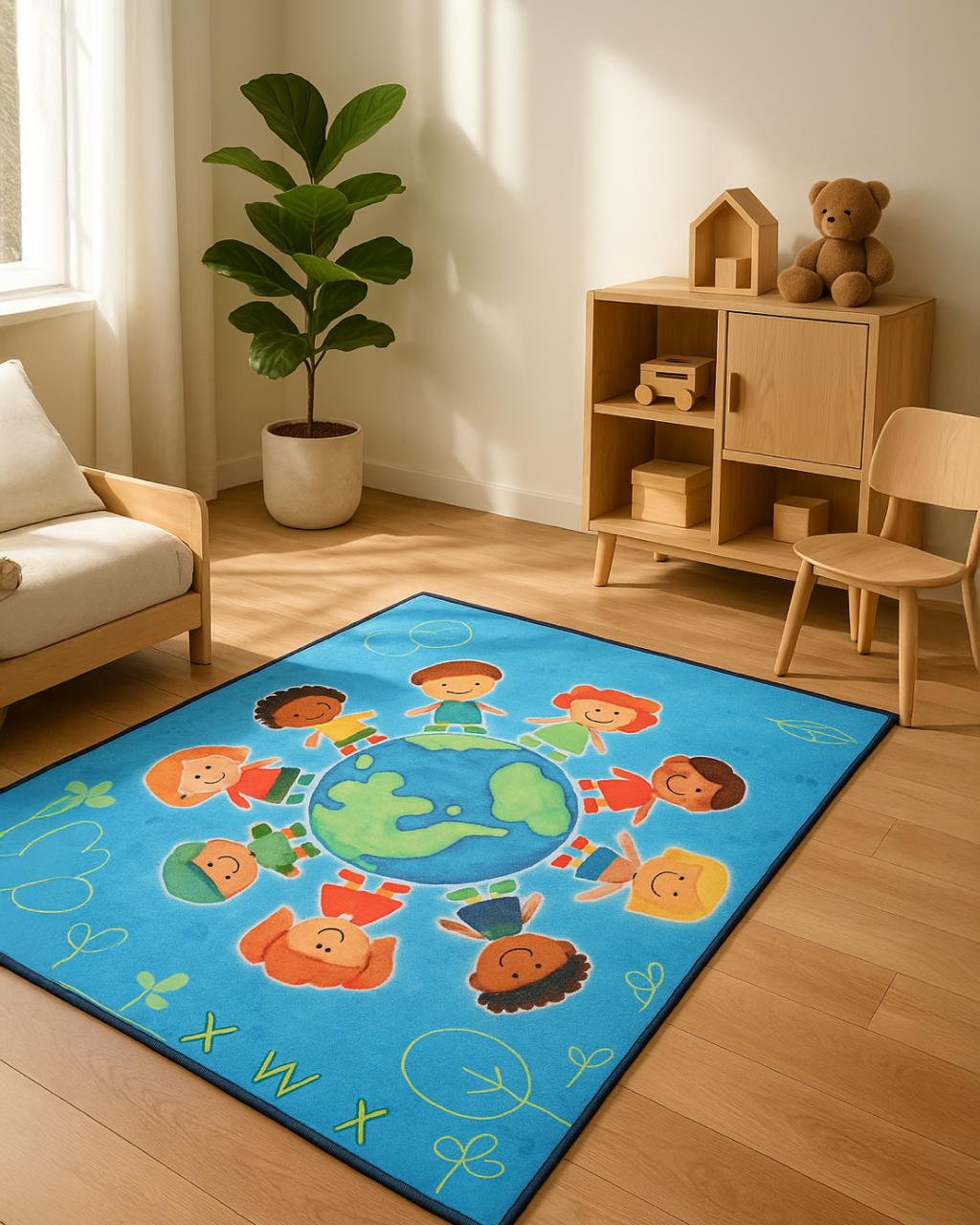 Blue Multi Color Kids Playing Print Rug
