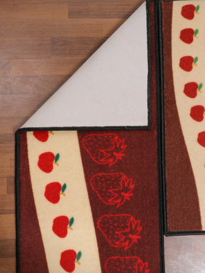 Maroon & Beige Fruits Print Kitchen Mat Set