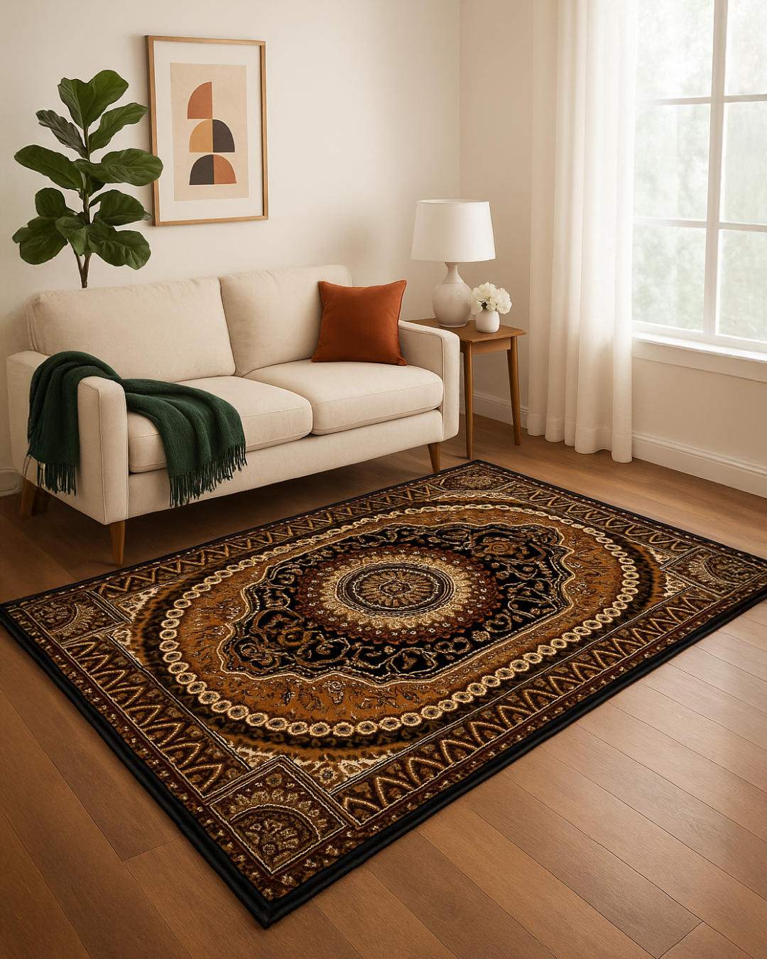 Black & Beige Traditional Design Rug