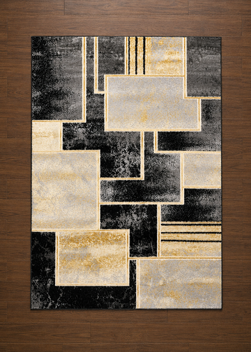 Charcoal Gold Geometric Block Turkish Area Rug