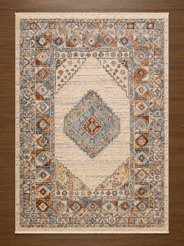 Rust & Denim Blue Geometric Medallion Turkish Rug