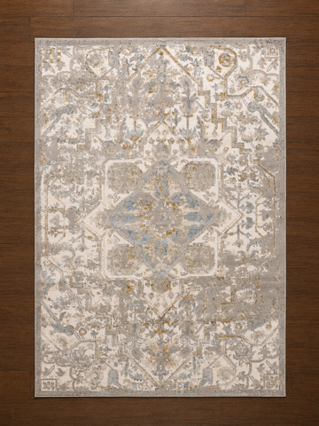 Silver Gray & Gold Vintage Medallion Turkish Rug