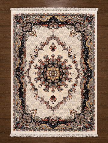 Classic Persian Area Rug in Ivory and Black