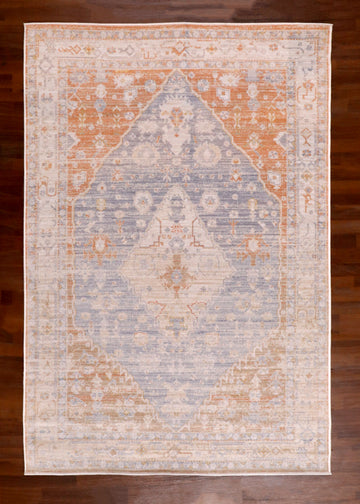 Terra-Azure Distressed Medallion Turkish Rug