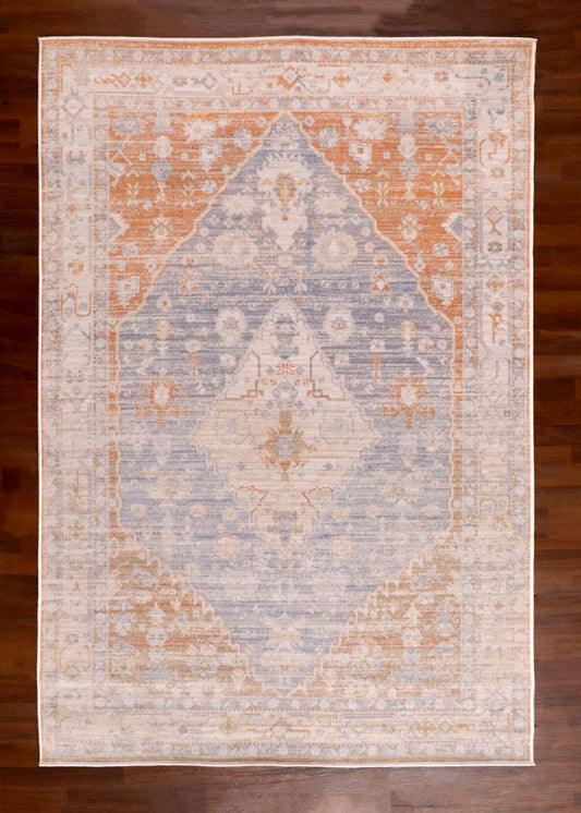 Terra-Azure Distressed Medallion Turkish Rug