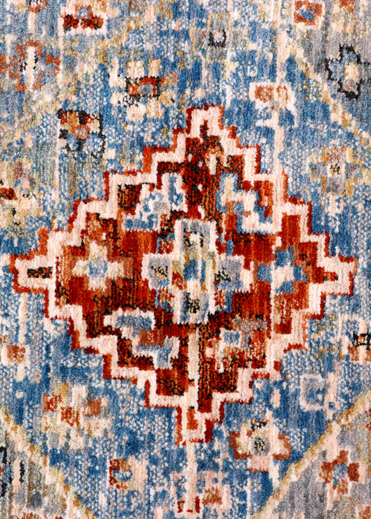 Rust & Denim Blue Geometric Medallion Turkish Rug