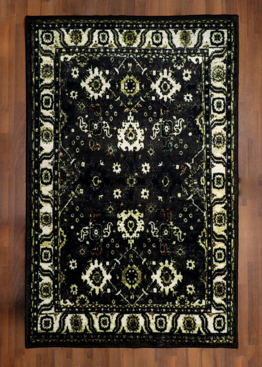 Classic Black Floral Rug with Intricate Border