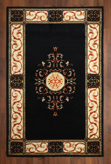 Majestic Black Area Rug with Antique Pattern and Cream Border Detailing
