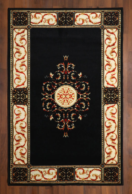 Majestic Black Area Rug with Antique Pattern and Cream Border Detailing