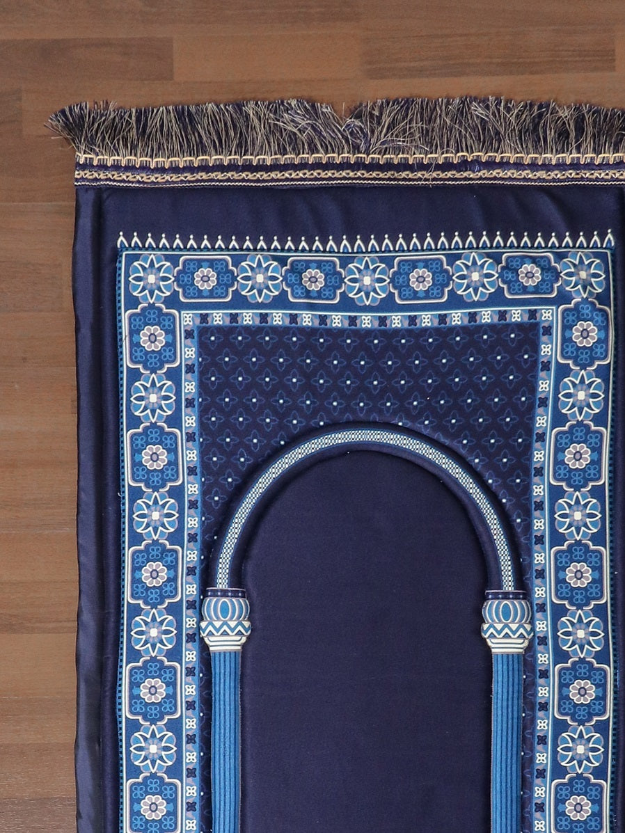 Blue Printed Border Prayer Mat With Foam Padding