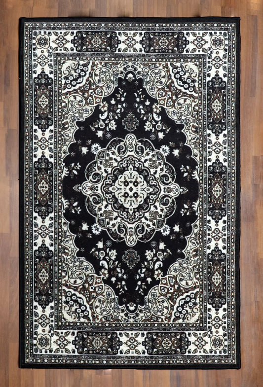 Elegant Black and Cream Non-Woven Medallion Rug