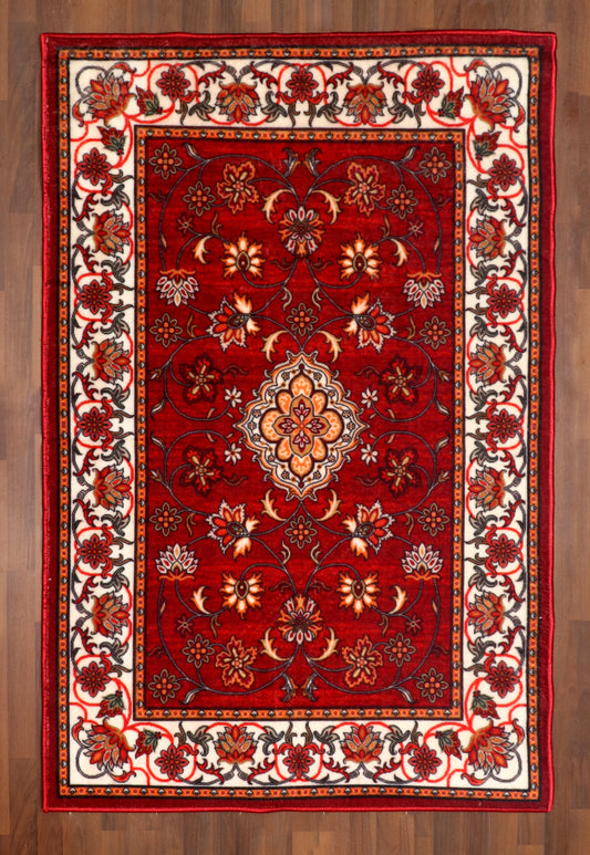 Modern  Medallion Red Floral Non-Woven Rug  with Felt Back