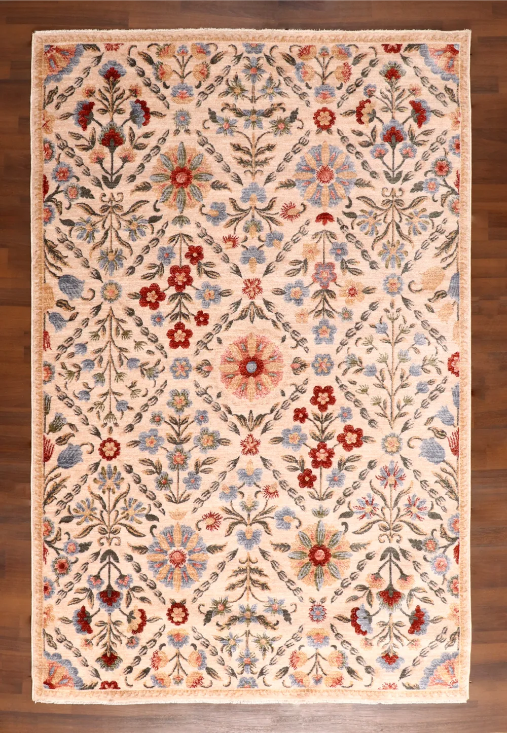Classic Turkish Floral Garden Rug – Beige with Multicolor Blossom Pattern