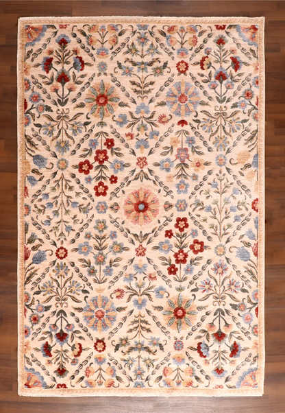 Classic Turkish Floral Garden Rug – Beige with Multicolor Blossom Pattern