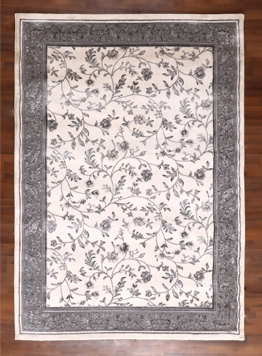 Elegant Turkish Floral Vine Rug – Ivory Base with Silver Grey Border