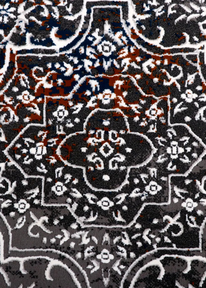 Luxury Turkish Distressed Medallion Rug – Charcoal Grey with Rust Accents