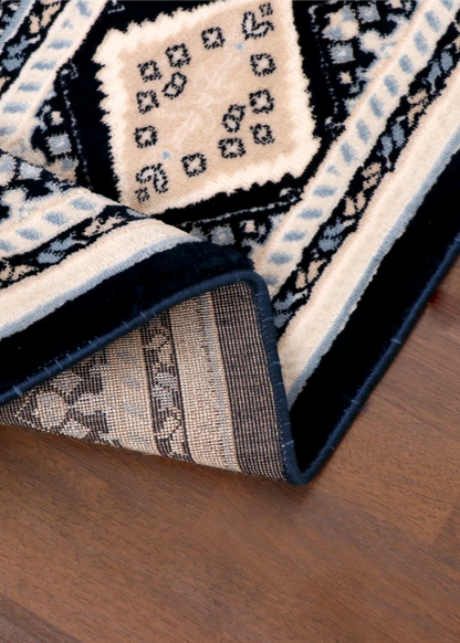 Traditional Turkish Tribal Rug – Black, Ivory & Beige Geometric Pattern