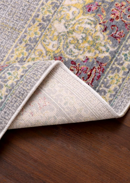 Luxury Turkish Palace Medallion Rug – Soft Grey with Gold & Blush Accents