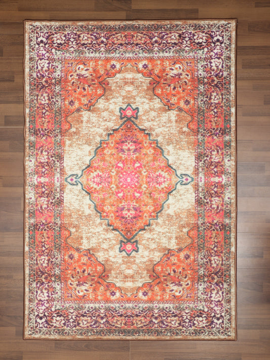 Red With Multi Color Medallion Print Rug