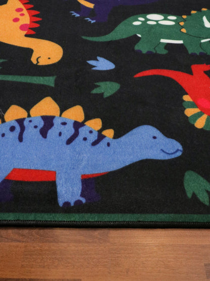 Black With Multi Color Dinosaur Drawing Print Rug