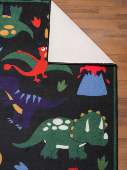 Black With Multi Color Dinosaur Drawing Print Rug