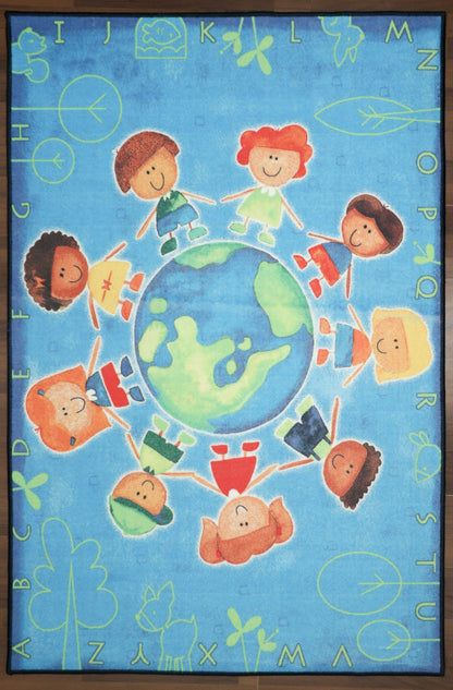 Blue Multi Color Kids Playing Print Rug