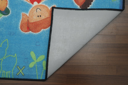Blue Multi Color Kids Playing Print Rug