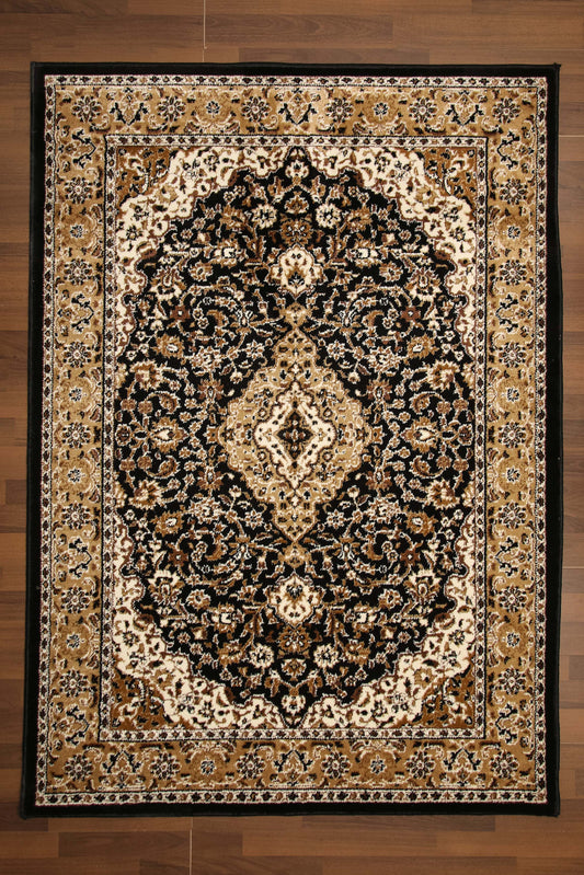 Black & Beige Medallion Traditional Design Rug
